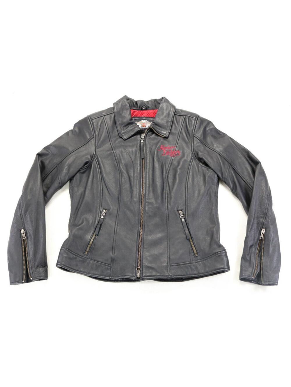 harley davidson jacket M black leather Blazing Rose flames soft red zip pockets